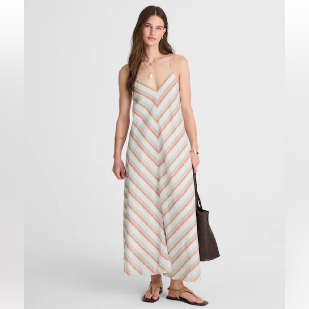 Madewell Striped V-Neck Midi Dress in 100% Linen - NWT